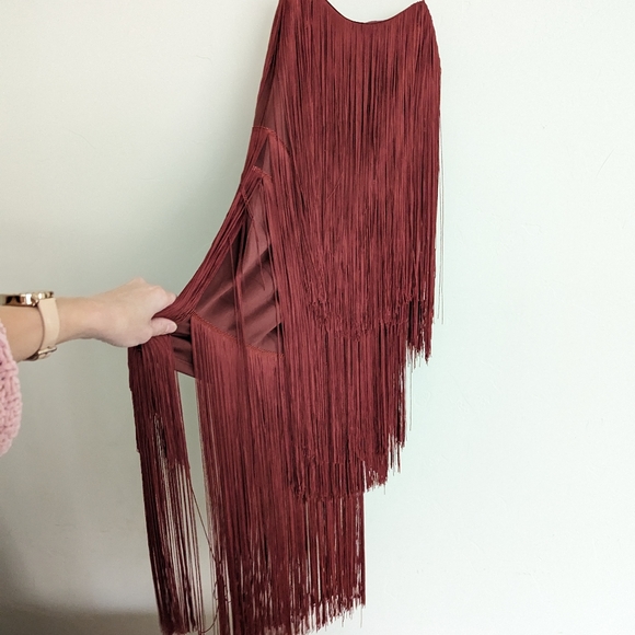 NWT - Zara Burgundy Fringe Mini Dress - Picture 5 of 10